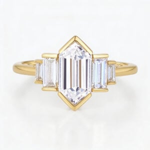 Solid Gold Elongated-Hexagon Cut Lab Diamond Rings Baguette Accented Engagement Ring