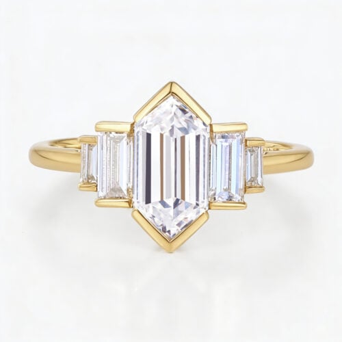 Solid Gold Elongated-Hexagon Cut Lab Diamond Rings Baguette Accented Engagement Ring