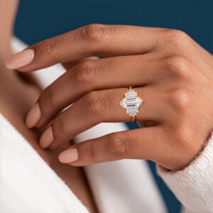 Solid Gold Elongated-Hexagon Cut Lab Diamond Engagement Rings