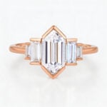 Solid Gold Elongated-Hexagon Cut Lab Diamond Rings Baguette Accented Engagement Ring