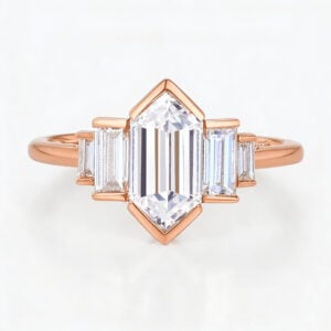Solid Gold Elongated-Hexagon Cut Lab Diamond Rings Baguette Accented Engagement Ring