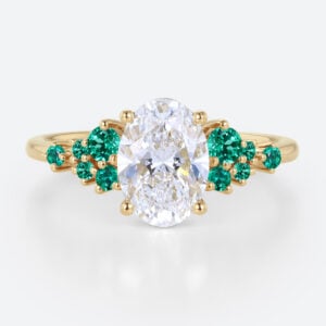 1.5ct Oval Cut Lab Diamond Engagement Ring with Lab Emerald Side Stone Ring in Yellow Gold
