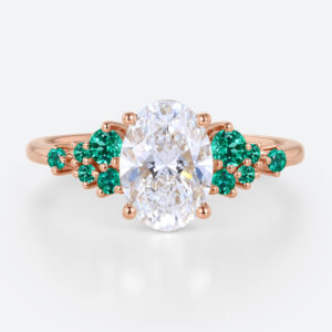 1.5ct Oval Cut Lab Diamond Engagement Ring with Lab Emerald Side Stone Ring in Rose Gold
