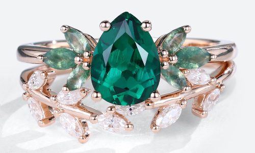 Rose Gold Pear Shaped Lab Emerald Ring with Marquise Diamond Stackable Curved Wedding Band Set (1)
