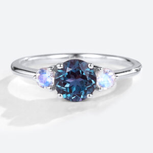 Round Cut Alexandrite Ring Moonstone Three Stones Promise Ring
