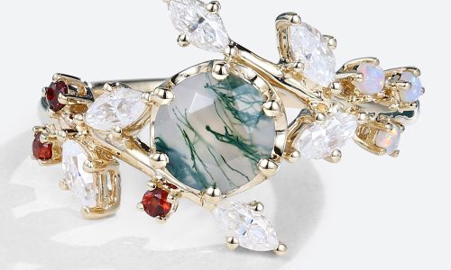 Round Moss Agate Ring Leaf Shape Multicolored Gems Unique Engagement Rings (1)