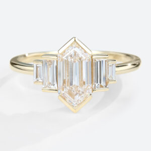 Solid Gold Elongated-Hexagon Cut Lab Diamond Rings Baguette Accented Engagement Ring