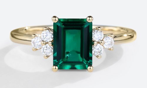 Solid Gold Emerald Cut Lab Emerald Engagement Rings Cluster Round Diamond Accented Rings (1)