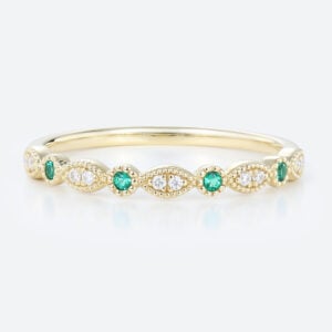 Solid Gold Round Cut Emerald & Diamond Anniversary Wedding Ring Vintage Stackable Bands