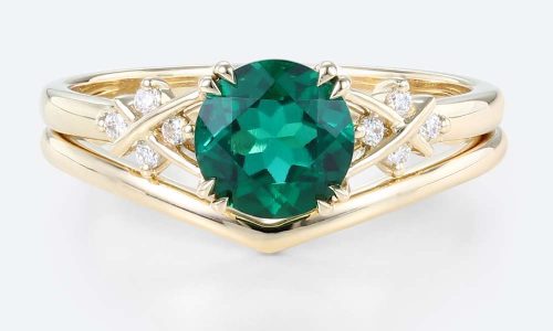 Lab Emeralds Round Engagement Ring Set Settings with Lab Diamonds