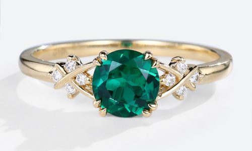 Vintage Yellow Gold Round Cut Lab Emerald Engagement Rings Cluster Braid Diamond Accented Rings (1)