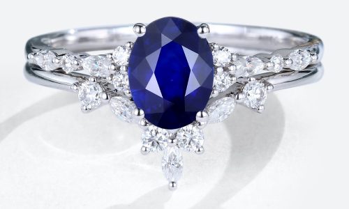White Gold Oval Cut Lab Sapphire Engagement Ring with Marquise Diamond Curved Wedding Band Set (1)