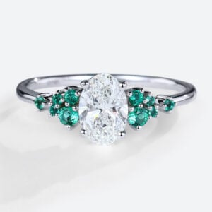 White Gold Oval Lab Diamond Engagement Ring Emerald Side Stone Bridal Band