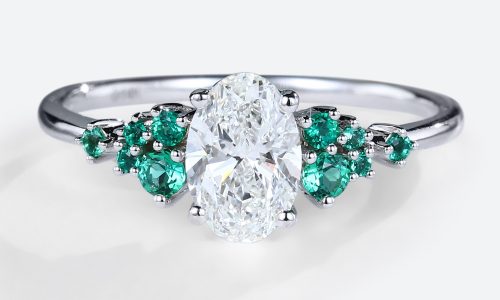 White Gold Oval Lab Diamond Engagement Ring Emerald Side Stone Bridal Band (1)