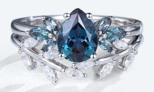White Gold Pear Shaped Lab Alexandrite Ring with Stackable Curved Matching Wedding Band Set (1)