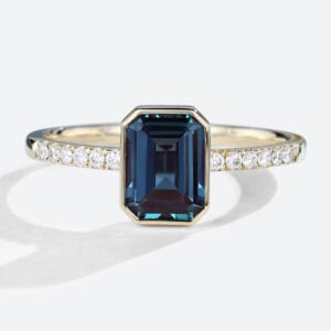 Yellow Gold Emerald Cut Lab Alexandrite Rings Half Pave Bezel Engagement Rings