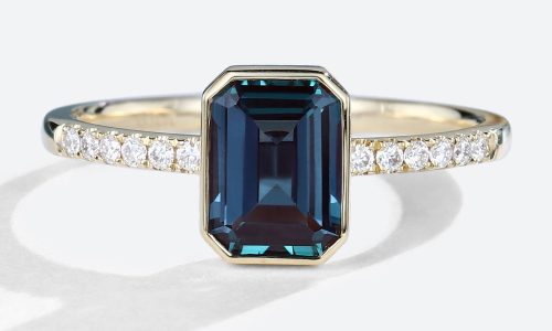 Emerald Cut Lab Alexandrite Rings Yellow Gold Half Pave Bezel Rings