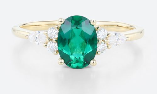 Yellow Gold Oval Cut Lab Emerald Engagement Rings Cluster Diamond Accented Rings (1)