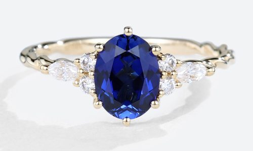 Yellow Gold Oval Cut Lab Sapphire Engagement Ring Cluster Twisted Band (1)