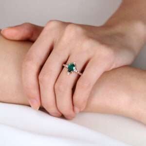Rose Gold Pear Shaped Lab Emerald Ring Halo Engagement Rings Milgrain Anniversary Rings Promise Ring (2)