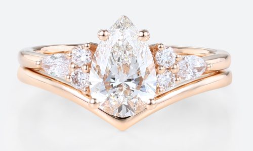 1ct Colorless VS+ Pear Shaped Lab Grown Diamond Rings Sets Classic 4-Prong Engagement Ring with Simple V-shaped ring Set in Rose Gold