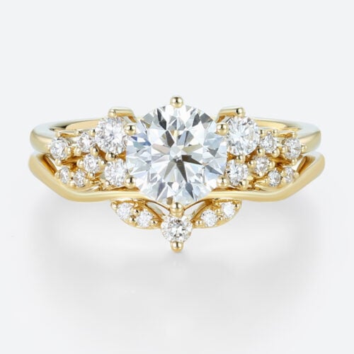 Round Cut Lab Diamond Engagement Rings Set Matching Curved Rings