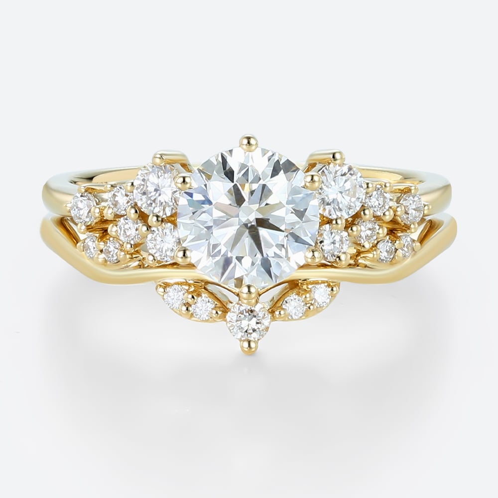 Round Cut Lab Diamond Engagement Rings Set Matching Curved Rings