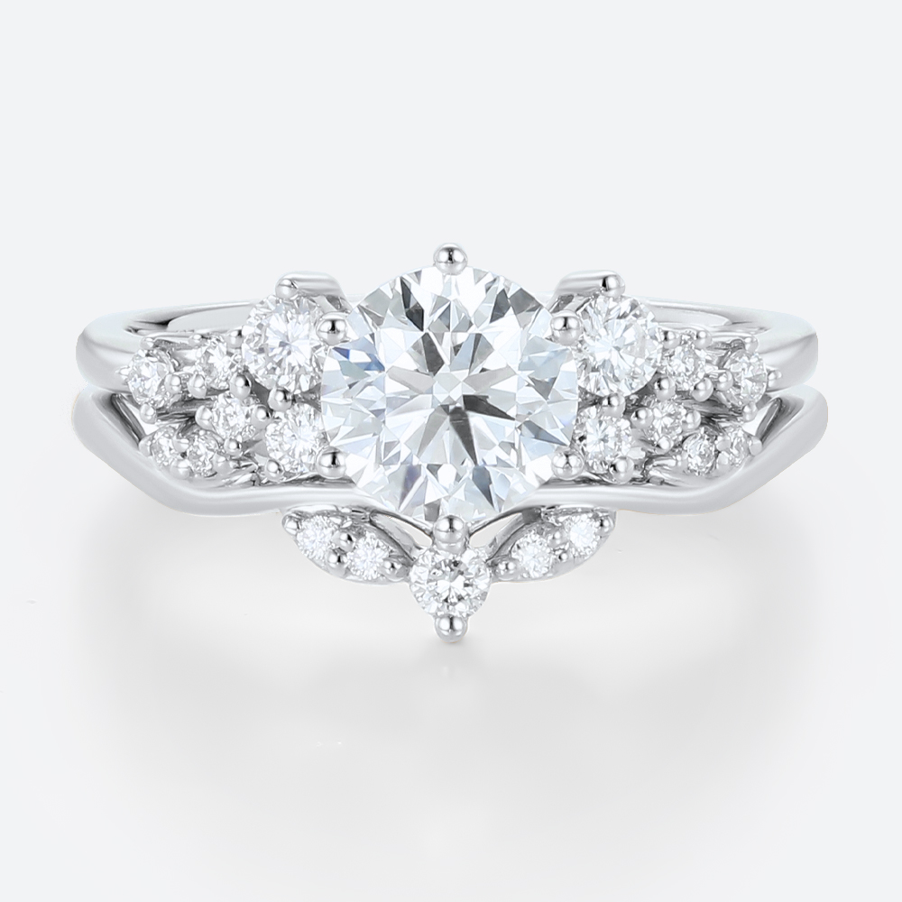 Round Cut Lab Diamond Engagement Rings Set Matching Curved Rings