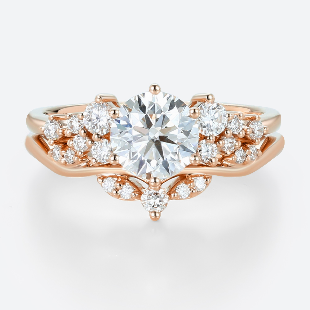 Round Cut Lab Diamond Engagement Rings Set Matching Curved Rings