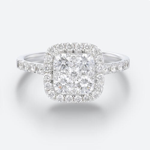 Round Cut Lab Grown Diamond Pave Engagement Ring with Cushion Halo Frame