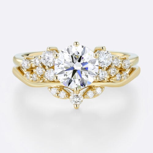 Round Cut Lab Diamond Engagement Rings Set Matching Curved Rings