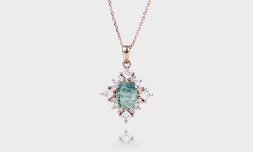 Vintage Oval Cut Moss Agate Necklace Floral Halo Pendant Necklace
