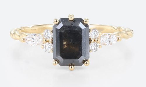 Yellow Gold 1.5ct Emerald Cut Salt And Pepper Diamond Engagement Rings Twisted Cluster Bridal Ring