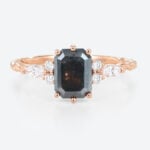 Rose Gold 1.5ct Emerald Cut Salt And Pepper Diamond Engagement Rings Twisted Cluster Bridal Ring