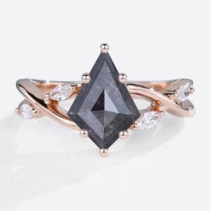 1.3ct Kite Cut Salt and Pepper Diamond Ring Rose Gold Marquise Side Stone Wedding Ring