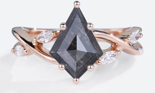 1.3ct Kite Cut Salt and Pepper Diamond Ring Rose Gold Marquise Side Stone Wedding Ring