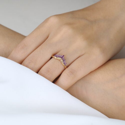 Yellow Gold Marquise Cut Amethyst Wedding Ring​ Twisted Curved Wedding Band