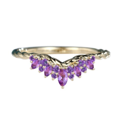 Yellow Gold Marquise Cut Amethyst Wedding Ring​ Twisted Curved Wedding Band