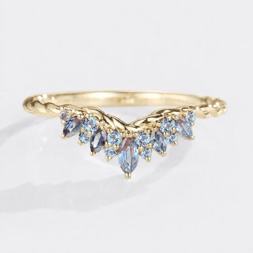 Yellow Gold Marquise Cut Lab Alexandrite Rings Twisted Curved Wedding Band