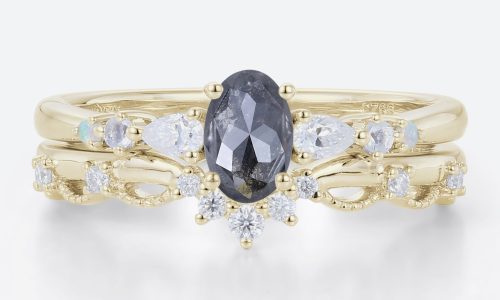 Vintage Wedding Ring Sets Salt and Pepper Diamond Curved Band