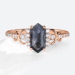 Elongated Hexagon Engagement Ring Salt and Pepper Diamonds