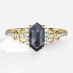 Elongated Hexagon Engagement Ring Salt and Pepper Diamonds