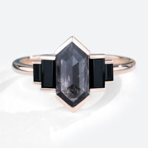 1.3ct Elongated Hexagon Salt and Pepper Diamond Engagement Rings