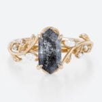 Yellow Gold Rings for Women Elongated Hexagon Salt and Pepper Diamond Ring