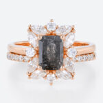 Couples Wedding Ring Set Emerald Cut Salt and Pepper Diamond