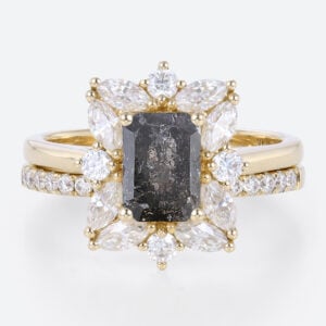 Couples Wedding Ring Set Emerald Cut Salt and Pepper Diamond