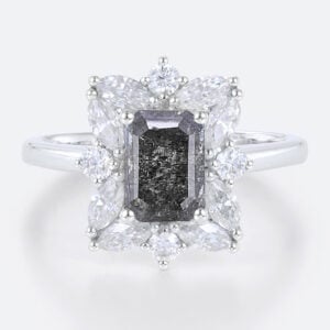 Emerald Cut Rings Halo Ring Salt and Pepper Emerald Cut Diamond
