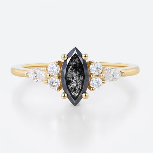 Yellow Gold 0.5ct Marquise Cut Salt & Pepper Diamond Cluster Engagement Ring