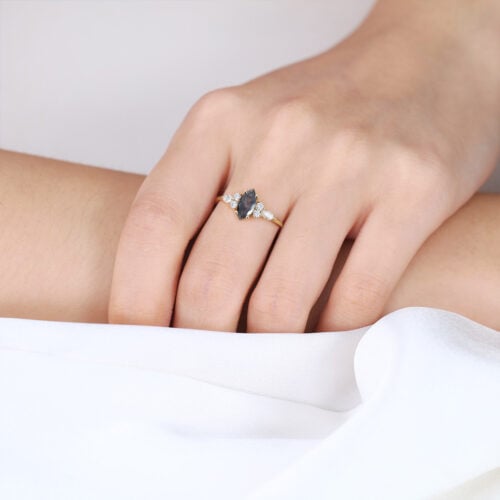 Yellow Gold 0.5ct Marquise Cut Salt & Pepper Diamond Cluster Engagement Ring