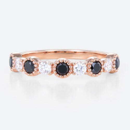 0.6ctw Round Cut Lab Grown Diamond & Black Diamond Rings Beaded Rings Straight Wedding Band in Rose Gold